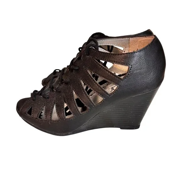 Sugar Kiara Black Strappy Lace-Up Wedge Sandals Women's 6 Boho Gladiator Cutout - Picture 3 of 7